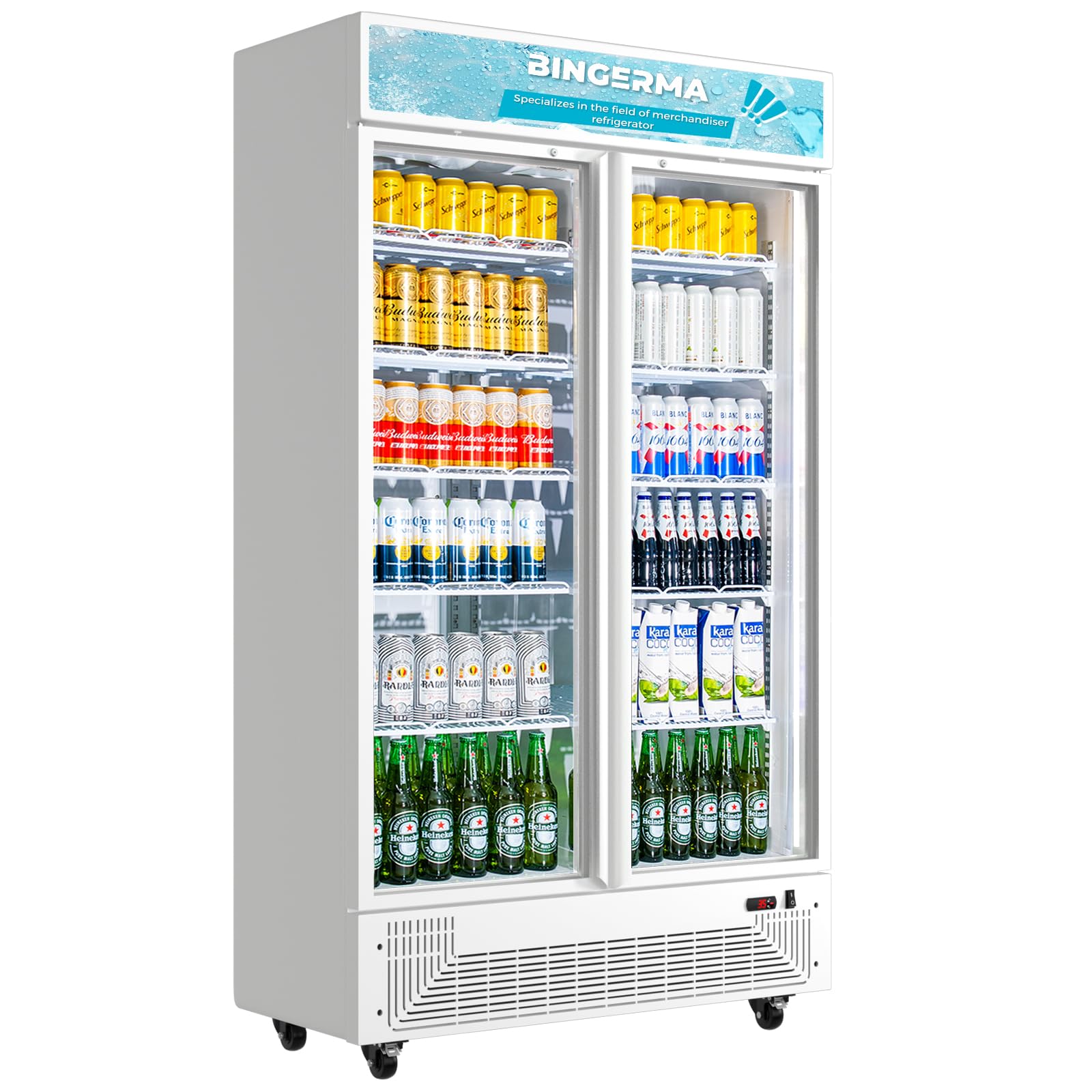 Photo 1 of *** MAJOR DAMAGE***BINGERMA Commercial Merchandiser Display Refrigerator with 2 Glass Doors 30 Cu.ft Beverage Back Bar Cooler Black Drink Fridge for Convenience Stores, Supermarkets,Bars,Offices White