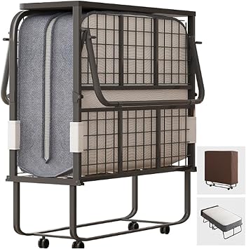 CECER 75" x 46" Folding Bed with 5" Memory Foam Mattress for Guest Room | Rollaway Bed for Adults with Headboard & Sturdy Metal Frame,Portable Foldable Bed with Lockable Wheels,Space Saving