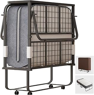 CECER Folding Bed with Mattress, 75" x 31" Rollaway Bed for Adults, 5 inch Thick Foam Mattress，Cot Size Portable Foldable Bed with Headboard & Sturdy Metal Frame，Fold Up, Roll Away