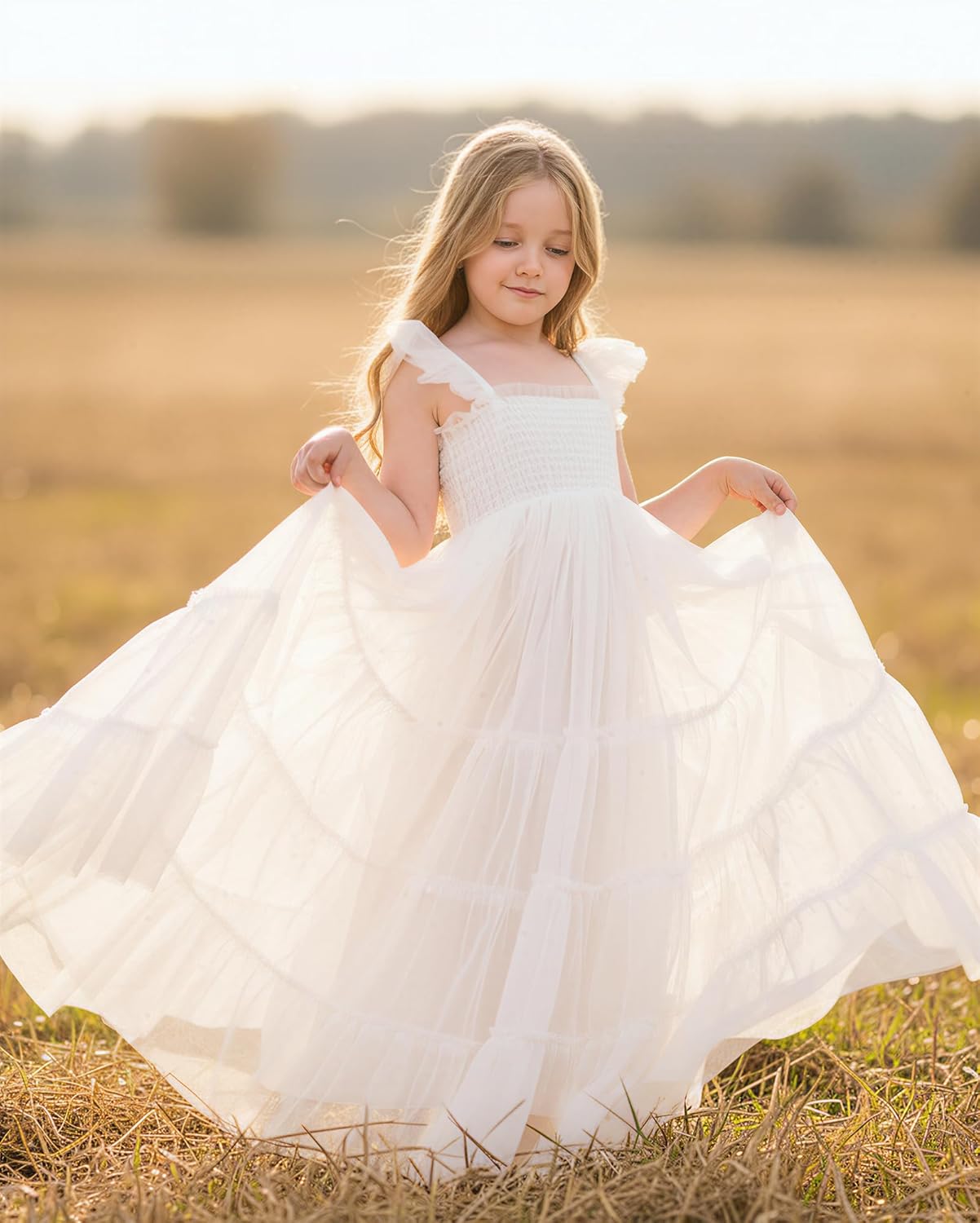 Flower Girls Dress for Wedding Boho Toddler Girls Ruffle Tulle Elegant with Sleeves Garden Party Beach Holiday - Image 2