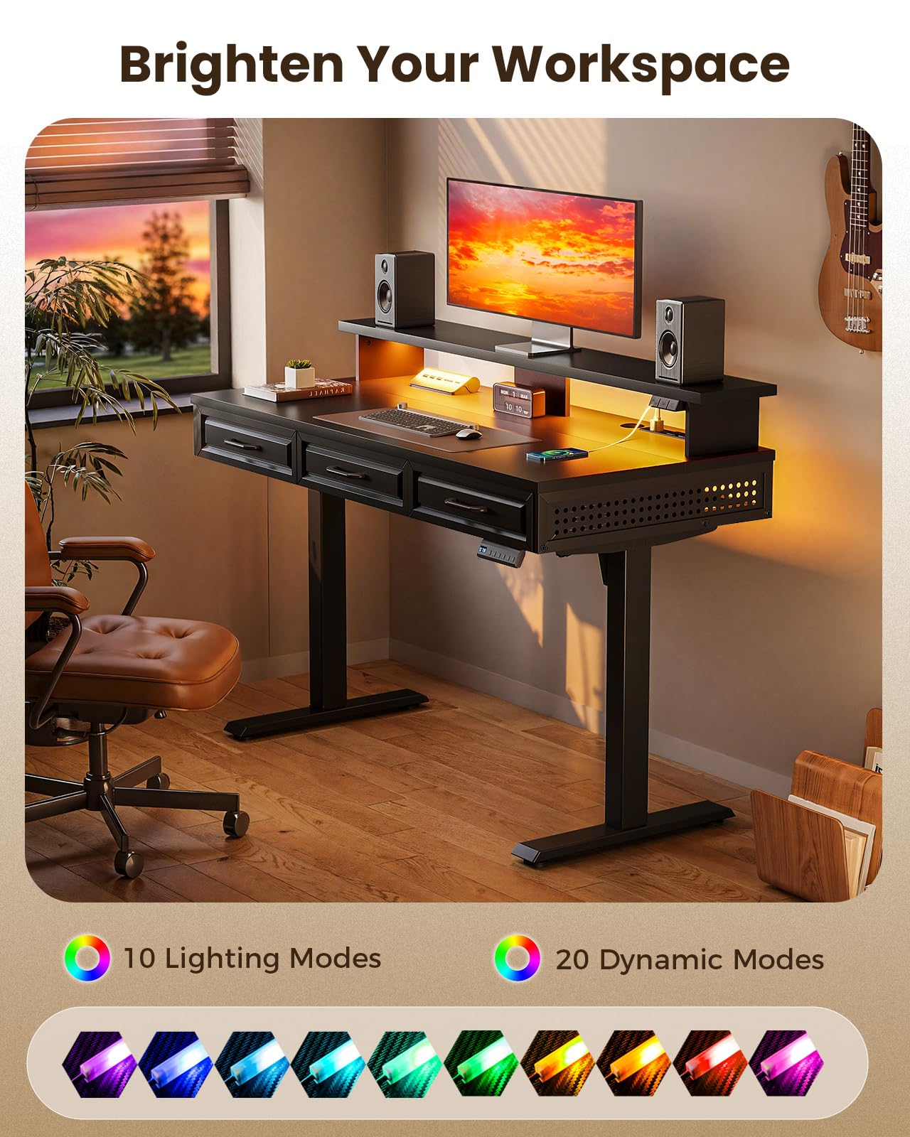 OffiGo Electric Standing Desk with 3 Wooden Drawers 48 Inch Height Adjustable Desk with Power Outlets LED Lights — view 8