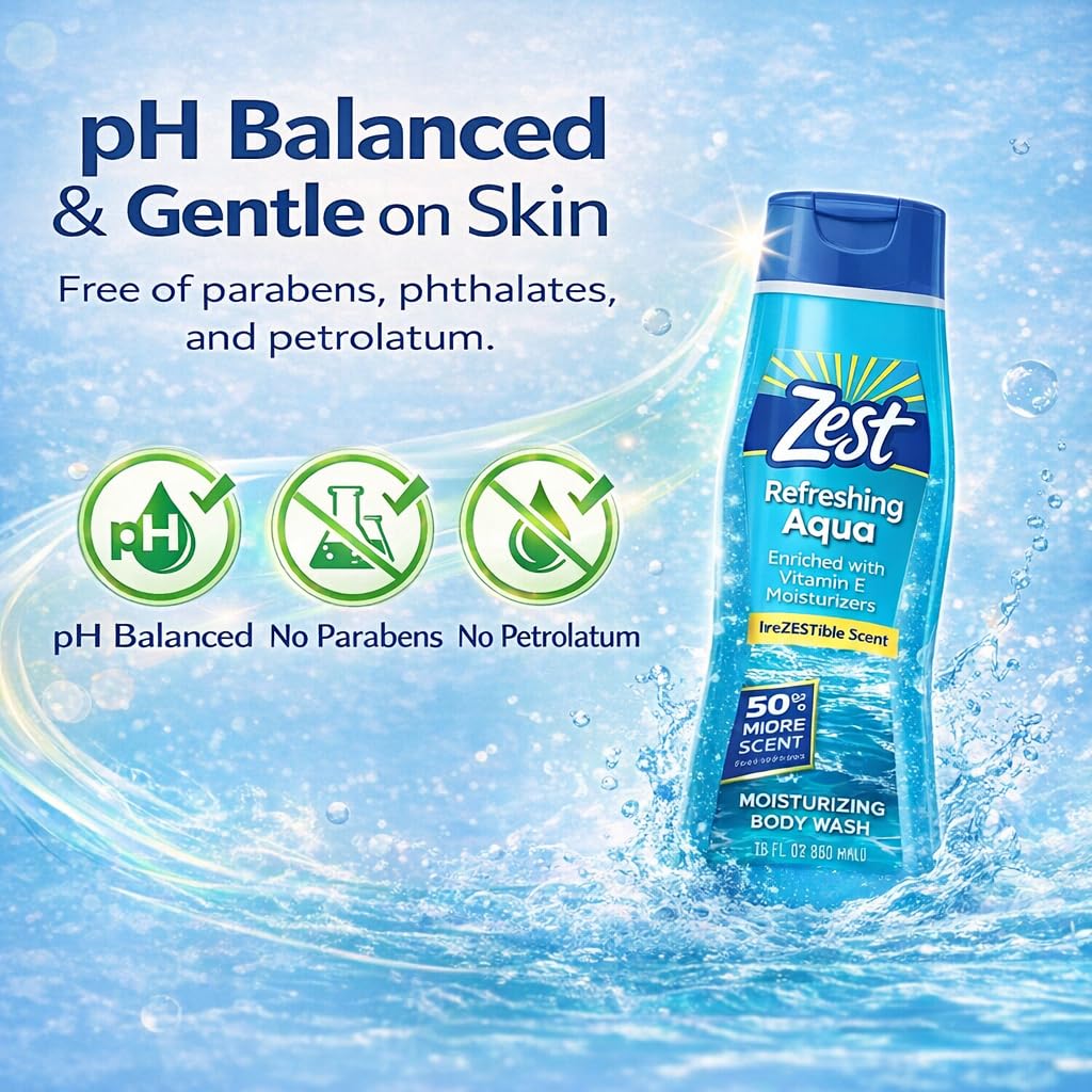 Zest Hydrating Body Wash - Aqua - Moisturizing Body Wash for Men and Women - Bath Soap with Vitamin E - Gentle Paraben Free Formula - 18 oz.