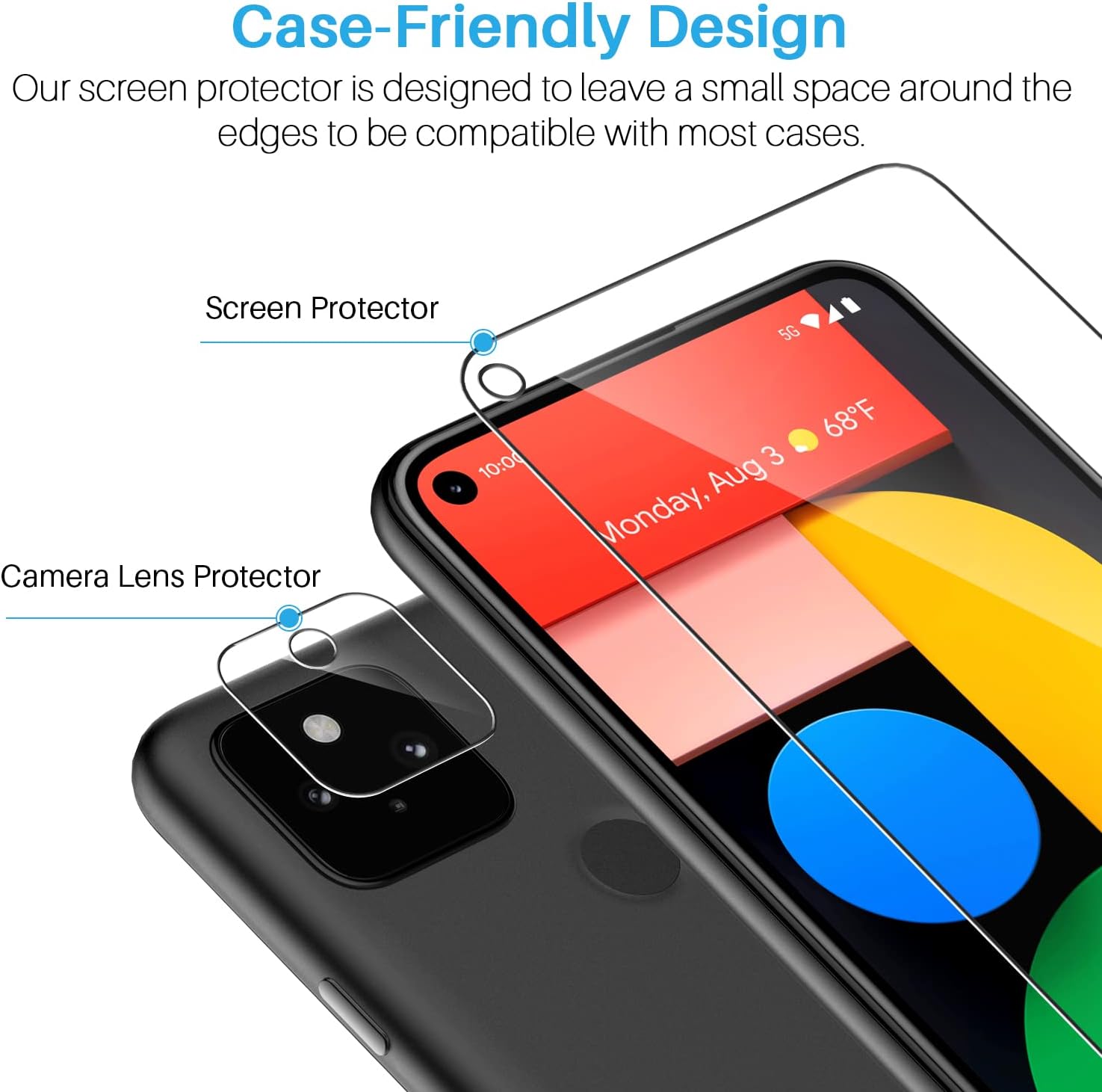 [2+2 Pack] LK 2 Pack Google Pixel 5a Screen Protector + 2 Pack Camera Lens Protector, 9H Tempered Glass Screen Protector for Pixel 5a, Scratch-Resistant, Case-Friendly, HD, Bubble-Free, 6.3-Inch