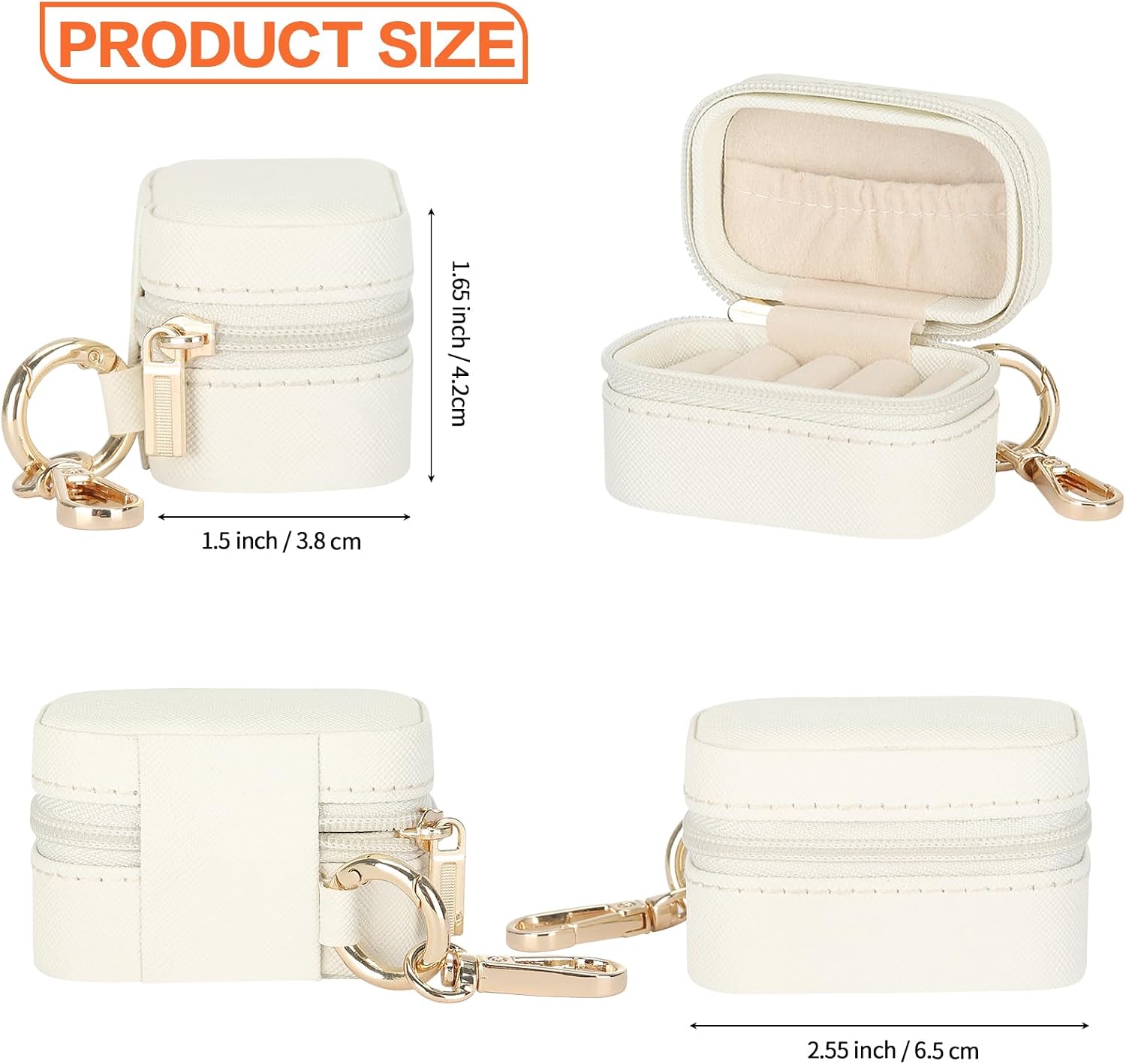 KUKUVR Small Travel Ring Stud Earring Box with Keychain (White) | Mini Wedding Ring Holder for Multiple Rings, Portable Jewelry Storage Organizer Case, for Gym Sport