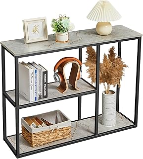 WOHOMO Console Table, 12 Inch Narrow Sofa Table with 3-Tier Storage Shelves, 31.5 Inch Industrial Entryway Table for Living Room, Corridor, Hallway, Grey Marble