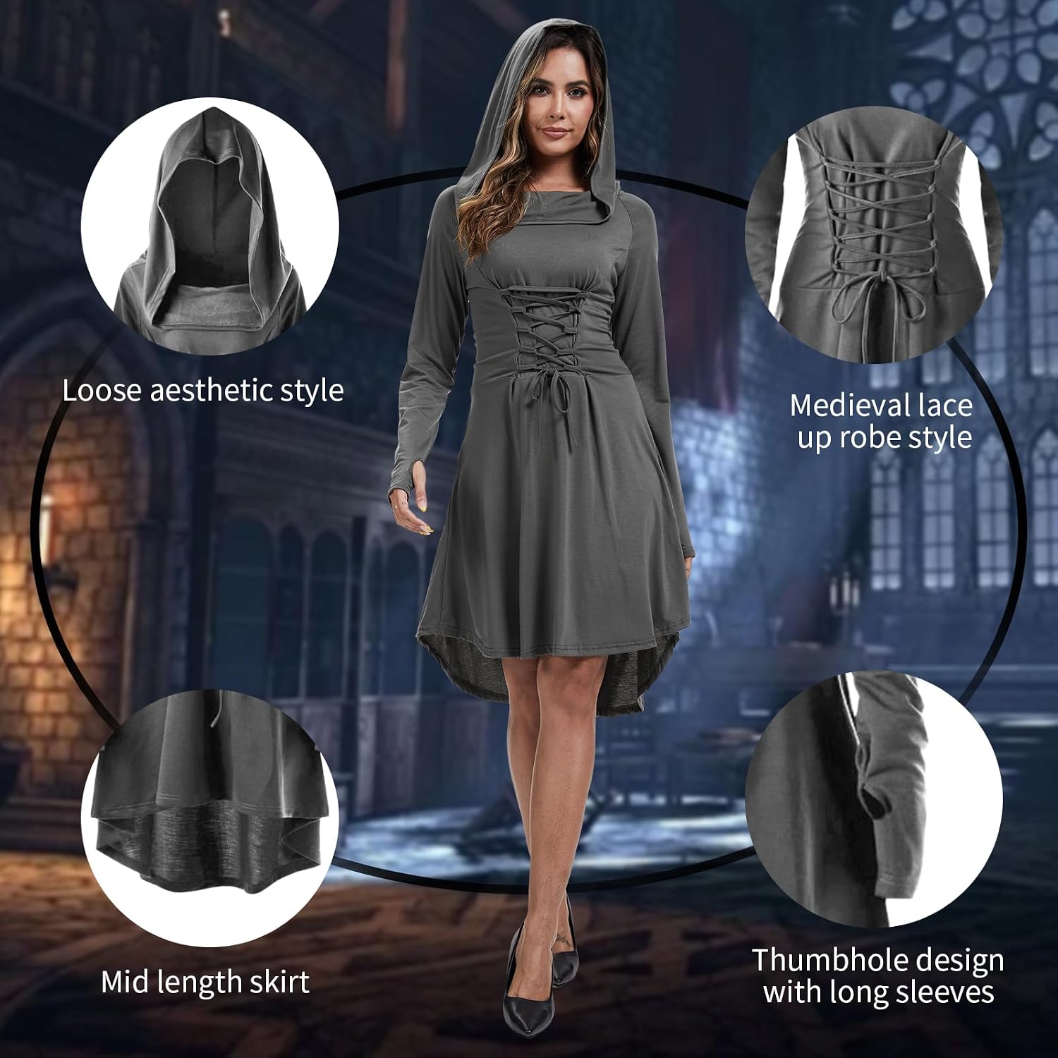 Womens Renaissance Costumes Hooded Robe Lace Up Halloween Medieval High Low Long Hoodie Dress Cloak