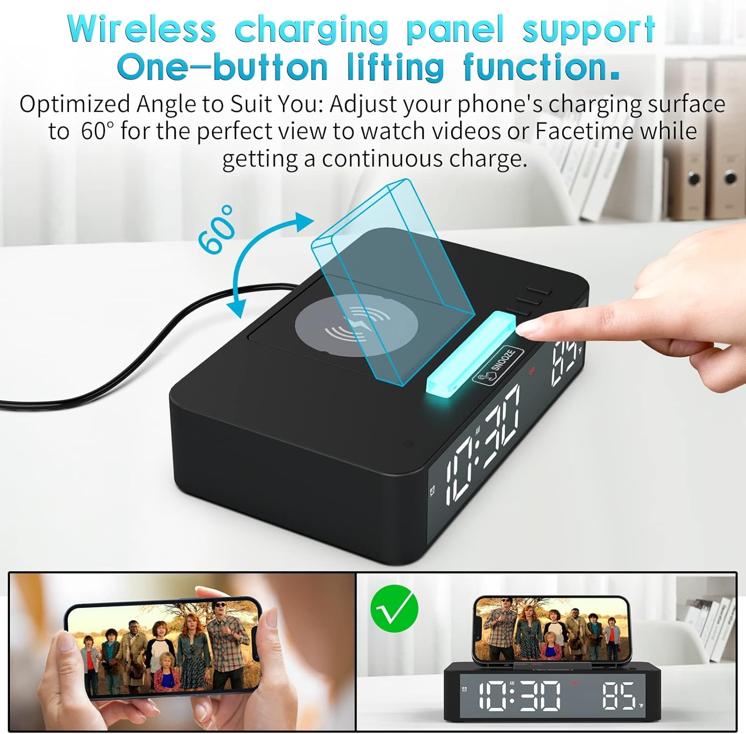 VAUNO EN001 Alarm Clock displaying various dynamic night light colors.