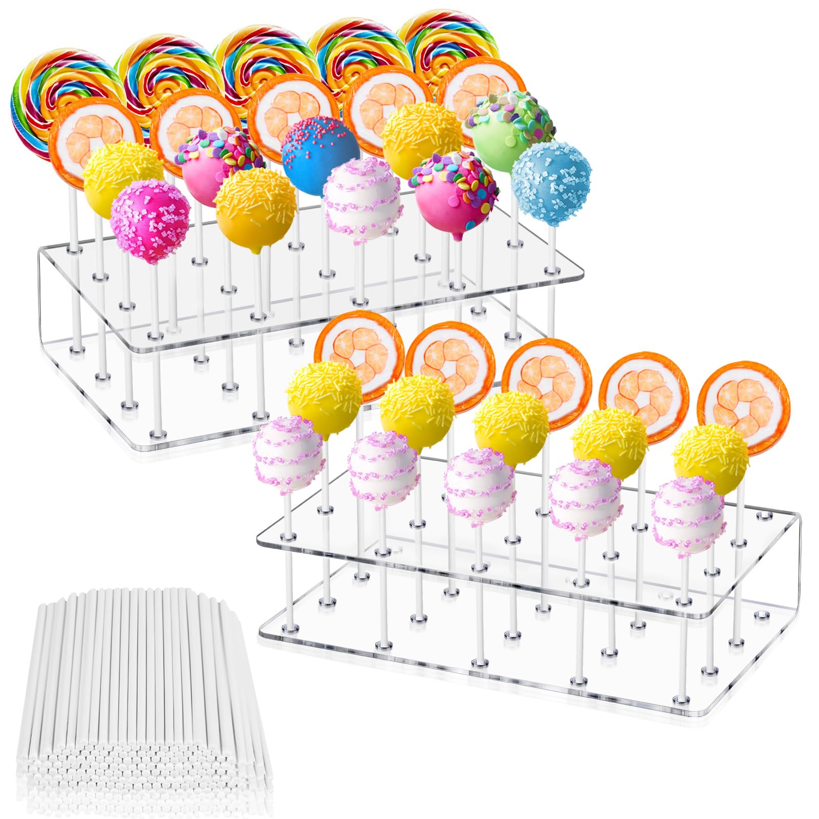 Support à Cake Pops Acrylique - 2 Présentoirs + 100 Bâtonnets - Pour Anniversaire, Mariage...