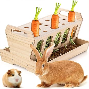Large Wooden Hay Rack for Rabbits Feeding Rack with Carrot Holder Untreated Natural Wood 30 x 22 x 18 cm Self-Feeding for Rabbits Guinea Pigs Rabbits Hamsters Mice Rats