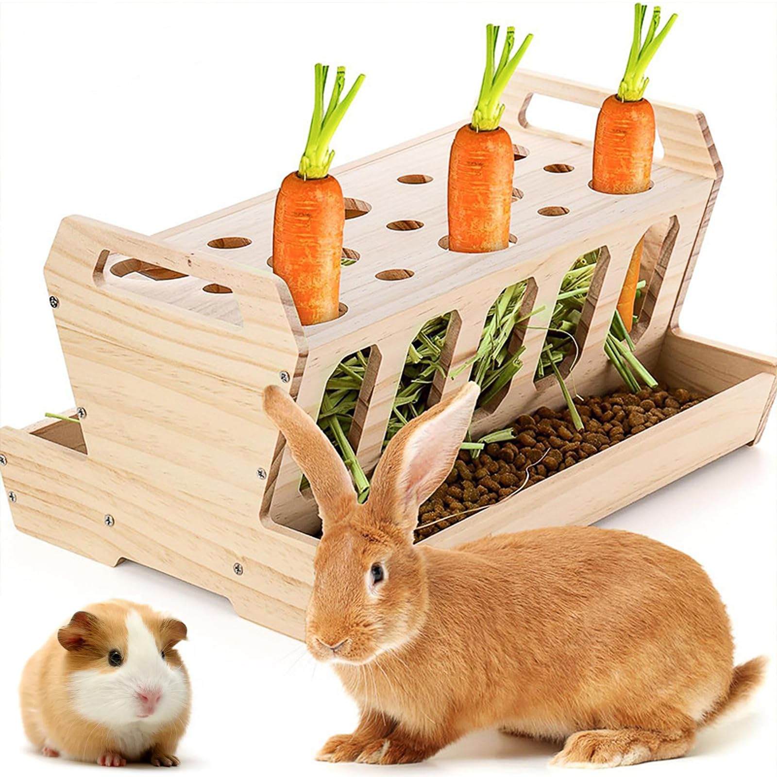 DOUBFIVSY Rabbit Hay Feeder, Large Capacity Wooden Hay Feeder for Rabbits Guinea Pigs Chinchillas, Pet-self Feeding Hay Manager Alfalfa Timothy Dispenser Grass Holder Carrot Feeders for Bunny