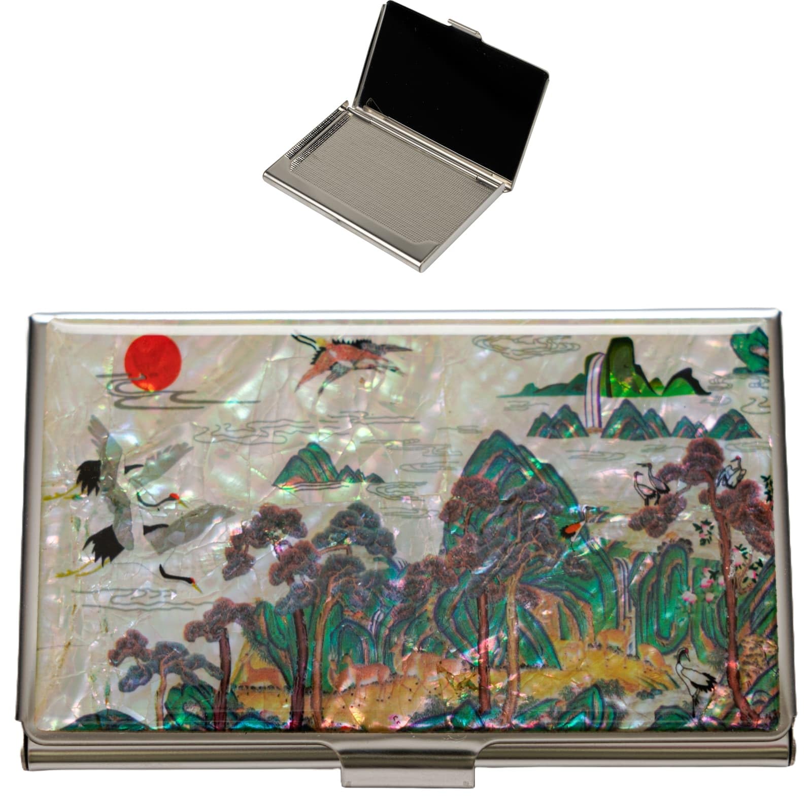 February Mountain Mother of Pearl Business Card Case - Korea Traditional Gifts, Slim Metal Holder for Business & Credit Cards, Pocket-Sized Purse Wallet โ image 1