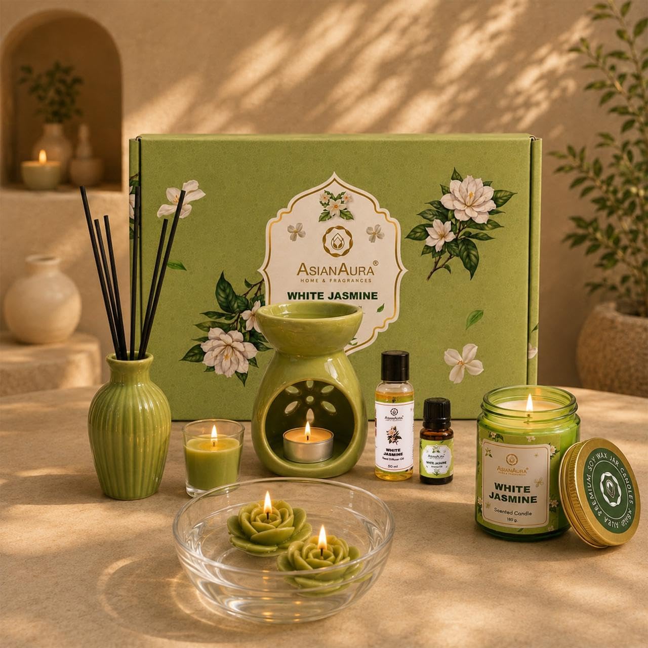 asian aura aroma gift set with oil burner, reed diffuser, jar candles & floater candles | home fragrance gift set | diwali & corporate gift