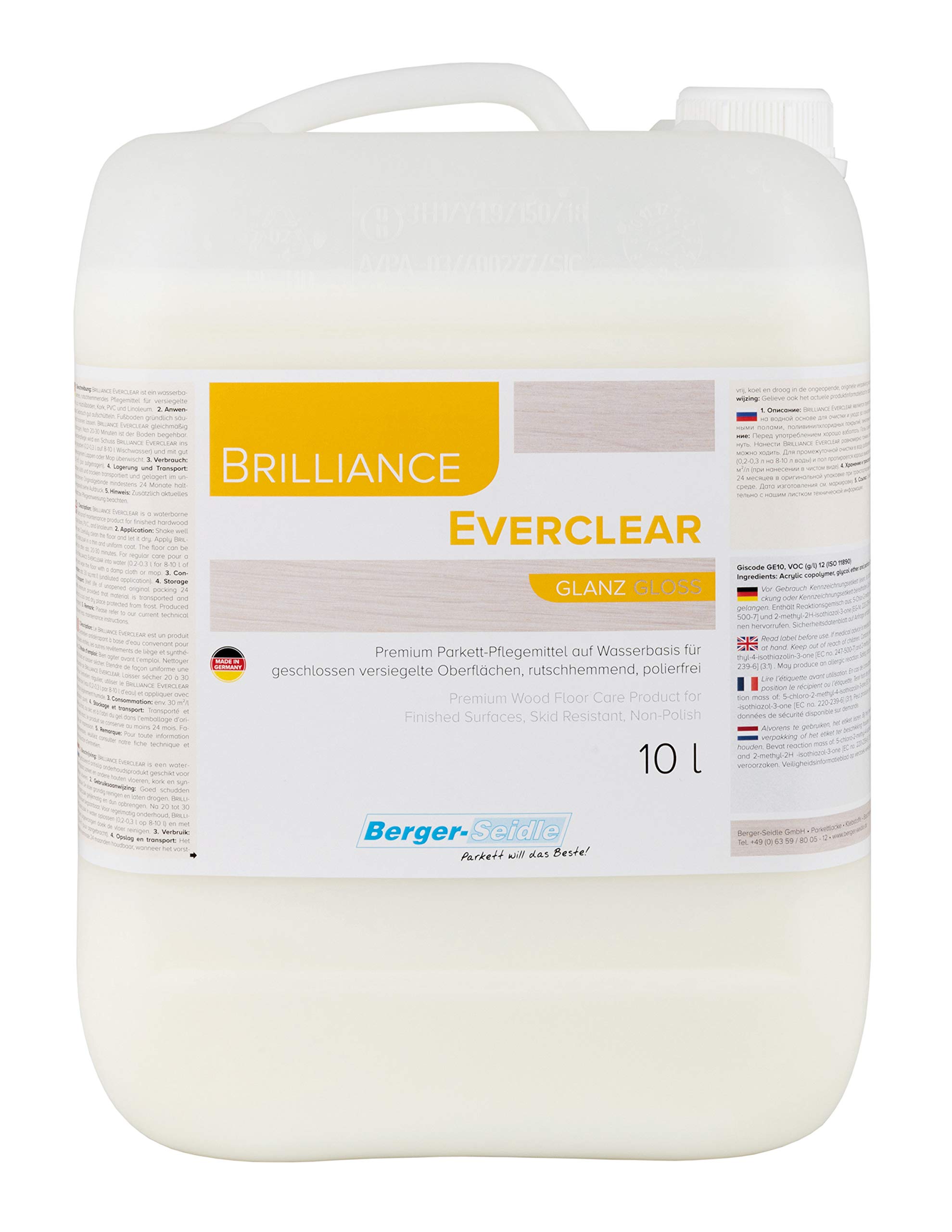 Berger-Seidle Brillance Everclear - Detergente per parquet, a base d'acqua, lucido, incolore, prodotto per la cura del parquet sigillato e laccato, 10 litri