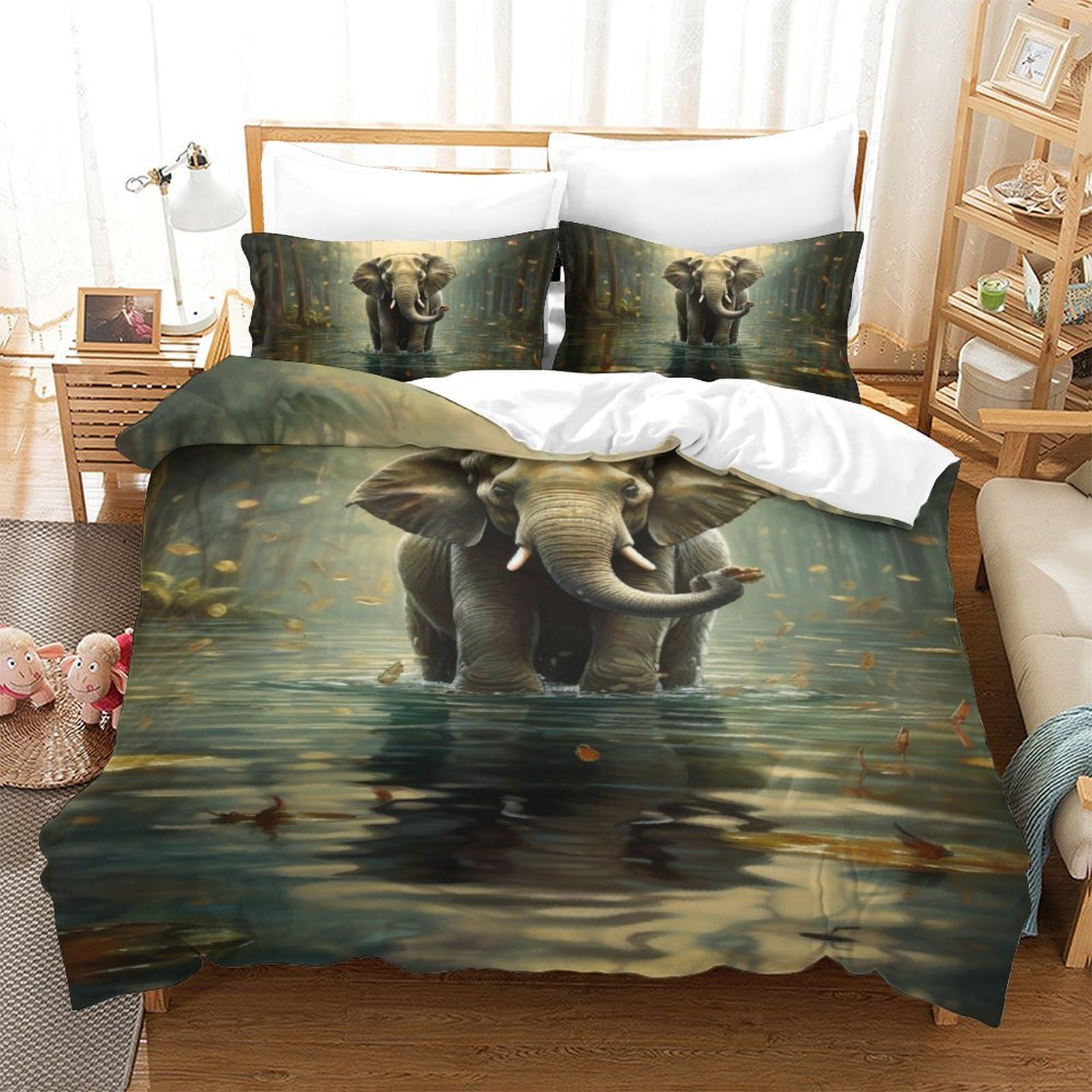 Housse de couette éléphants 3D cadeau parure de lit microfibre 140x200 pour anniversaire enfants