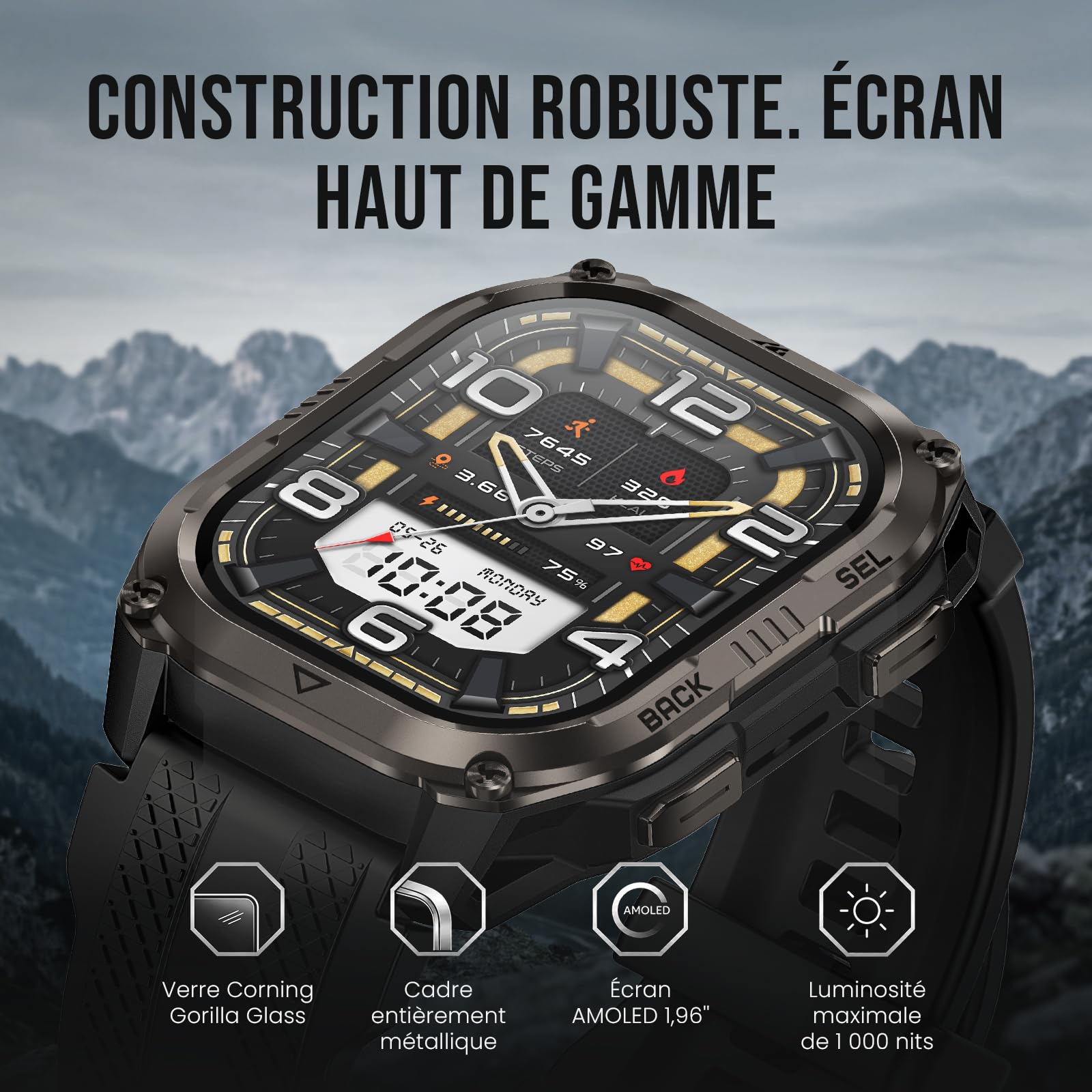 KOSPET Pulse 2 Montre Connectée Homme, GPS, Lampe Torche LED, Talkie Walkie | 1,96'' AMOLED, Rugged Lunette en Alliage, 5 ATM/IP69, Militaire, Moniteur de Fréquence Cardiaque/Sommeil, 450mAh, Android/iOS