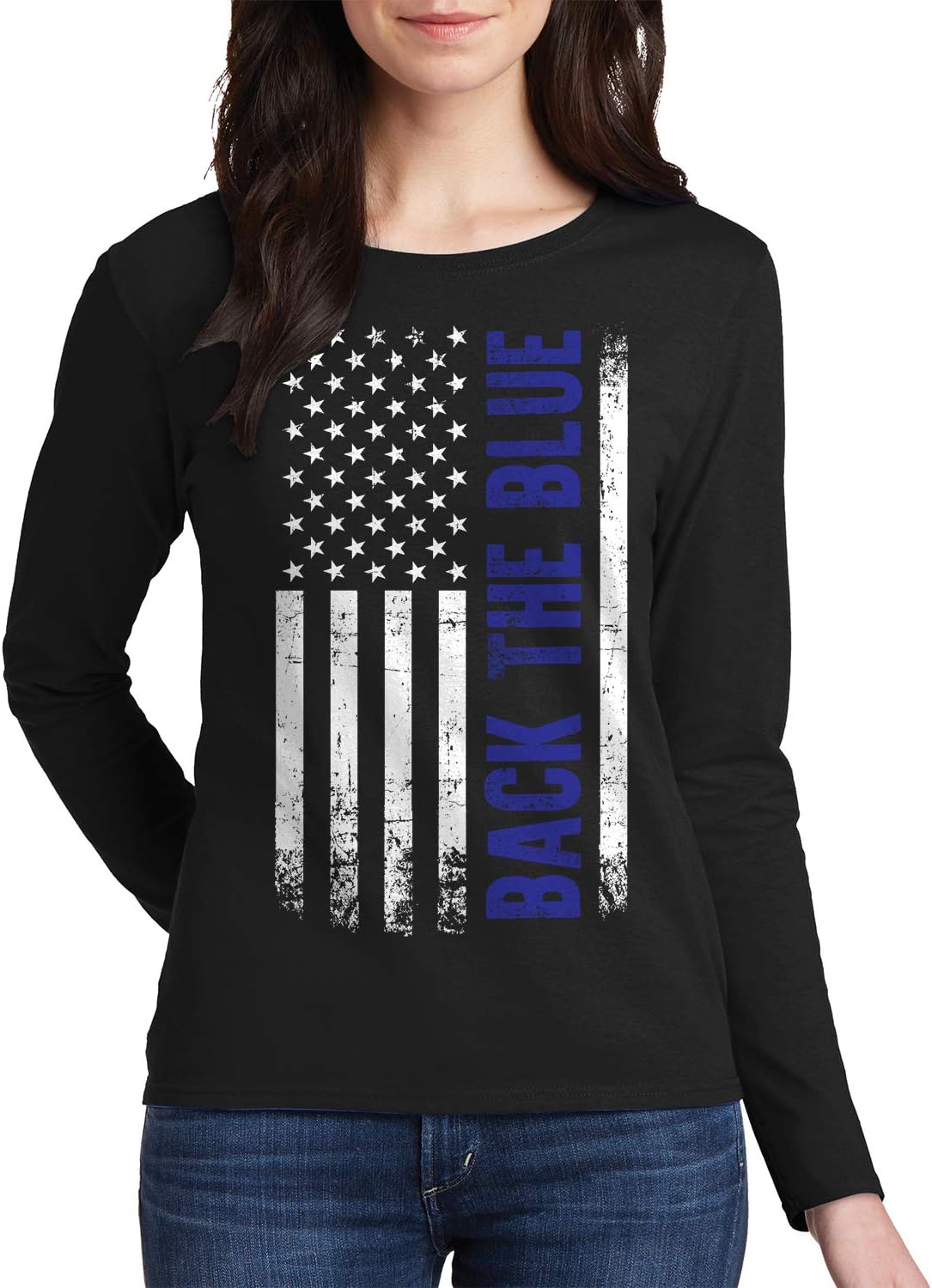 Threadrock Women's Honor & Respect Thin Blue Line Flag Long Sleeve T-Shirt