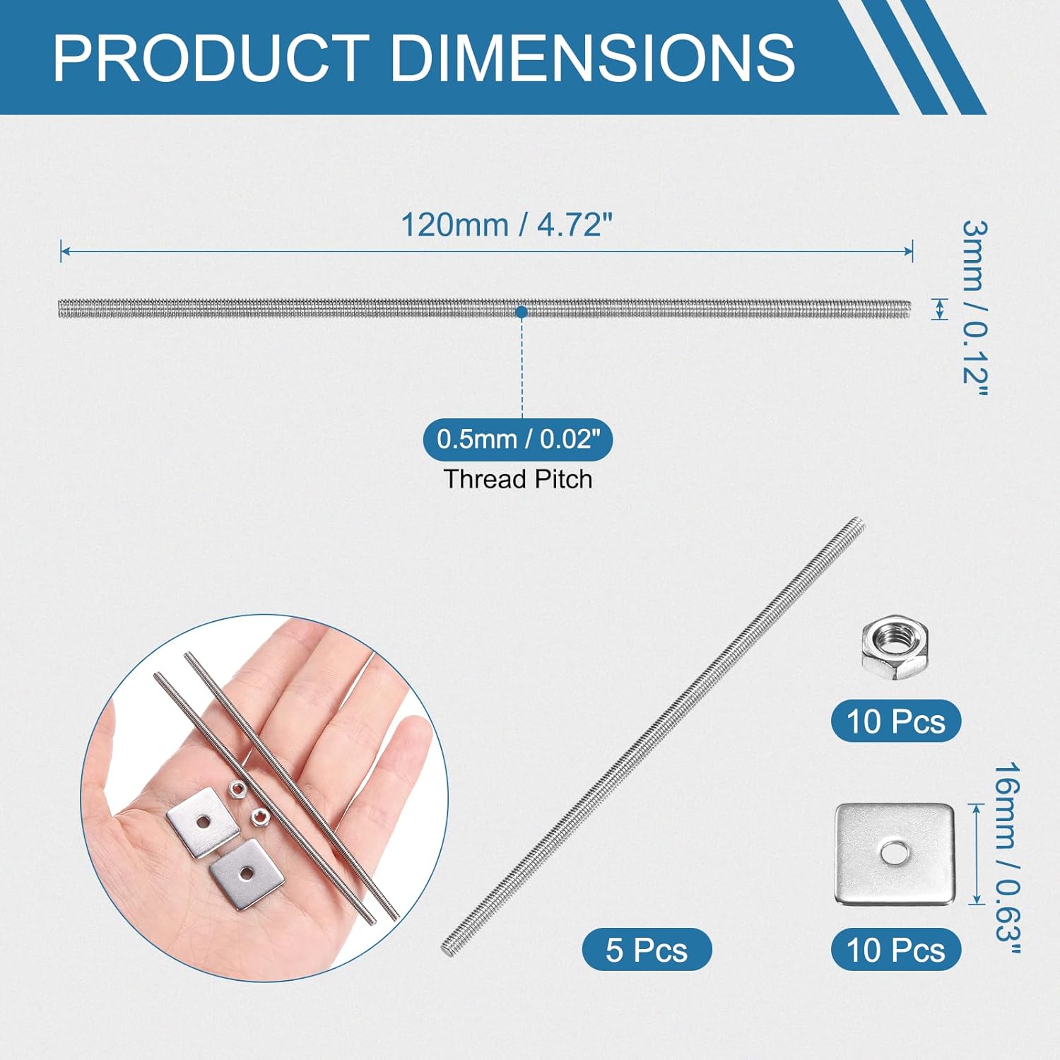 PATIKIL 5 Pcs Fully Threaded Rod, M3 x 120mm 304 Stainless Steel Right Hand Long Thread Bar Studs with Nuts Square Washers for Pipes Clamps Hangers U-Bolts
