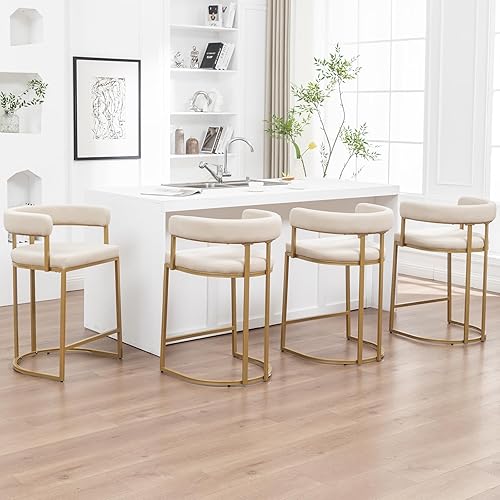 Gold Counter Height Bar Stools Set of 4, Modern Velvet Barstools with Barrel Backs, 26 inch Upholstered Counter Stools for Kitchen Island, Dining Room, Cafe, Pub (Beige)