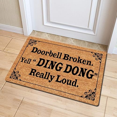 Miniatura 2 de Divertida alfombra de goma antideslizante de bienvenida para timbre de puerta con texto en inglés "Broken Yell Ding Dong Really Loud Really Loud",