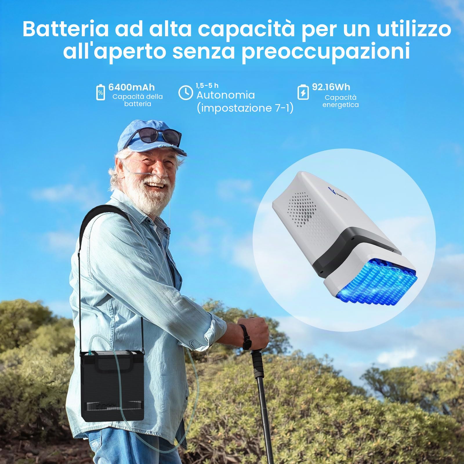 Generatore di ossigeno portatile, concentratore di ossigeno portatile regolabile da 1 a 6 l con accessori tascabili per l'uso in viaggio, 93%