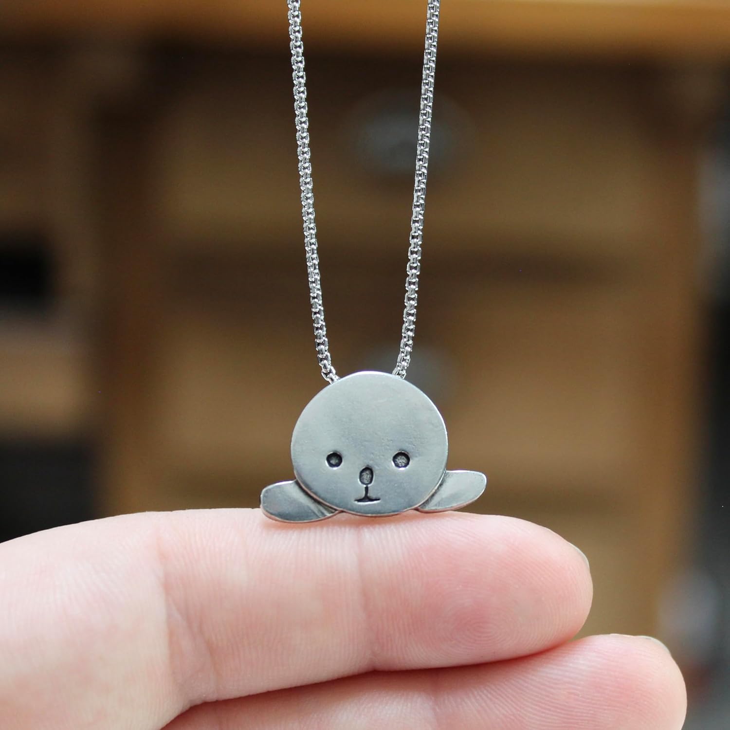 Mark Poulin Women's Pewter Harp Seal Necklace - Adorable Seal Pup Pendant on Adjustable Stainless Steel Box Chain
