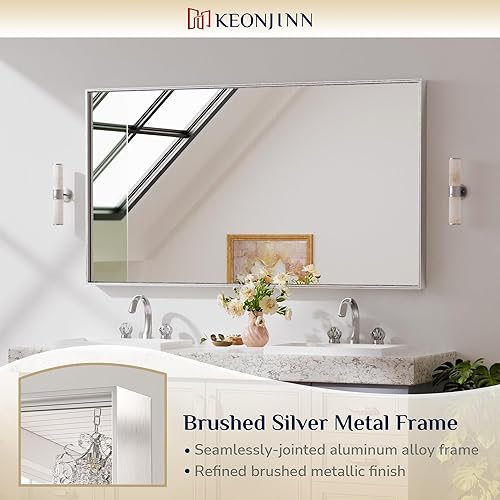 Miniatura 6 de Keonjinn Espejo de tocador de baño plateado cepillado de 55 x 30 pulgadas, espejo grande con marco plateado para sobre el fregadero, marco de metal,