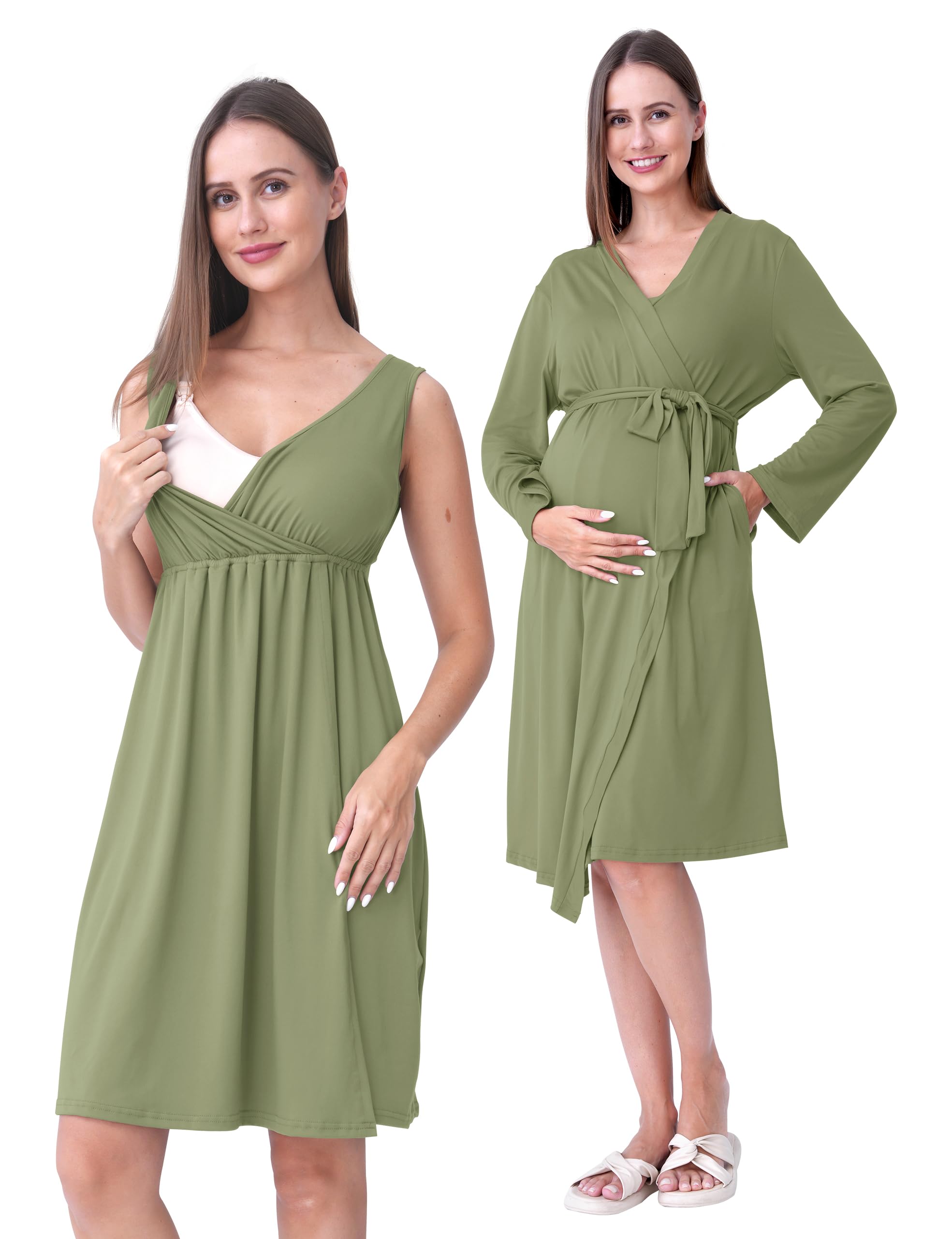 SUNNYBUY Chemise de nuit de grossesse et d'allaitement avec peignoir 2 pièces | Ensemble de robe de nuit 3 en 1 pour naissance, lit de semaine et allaitement