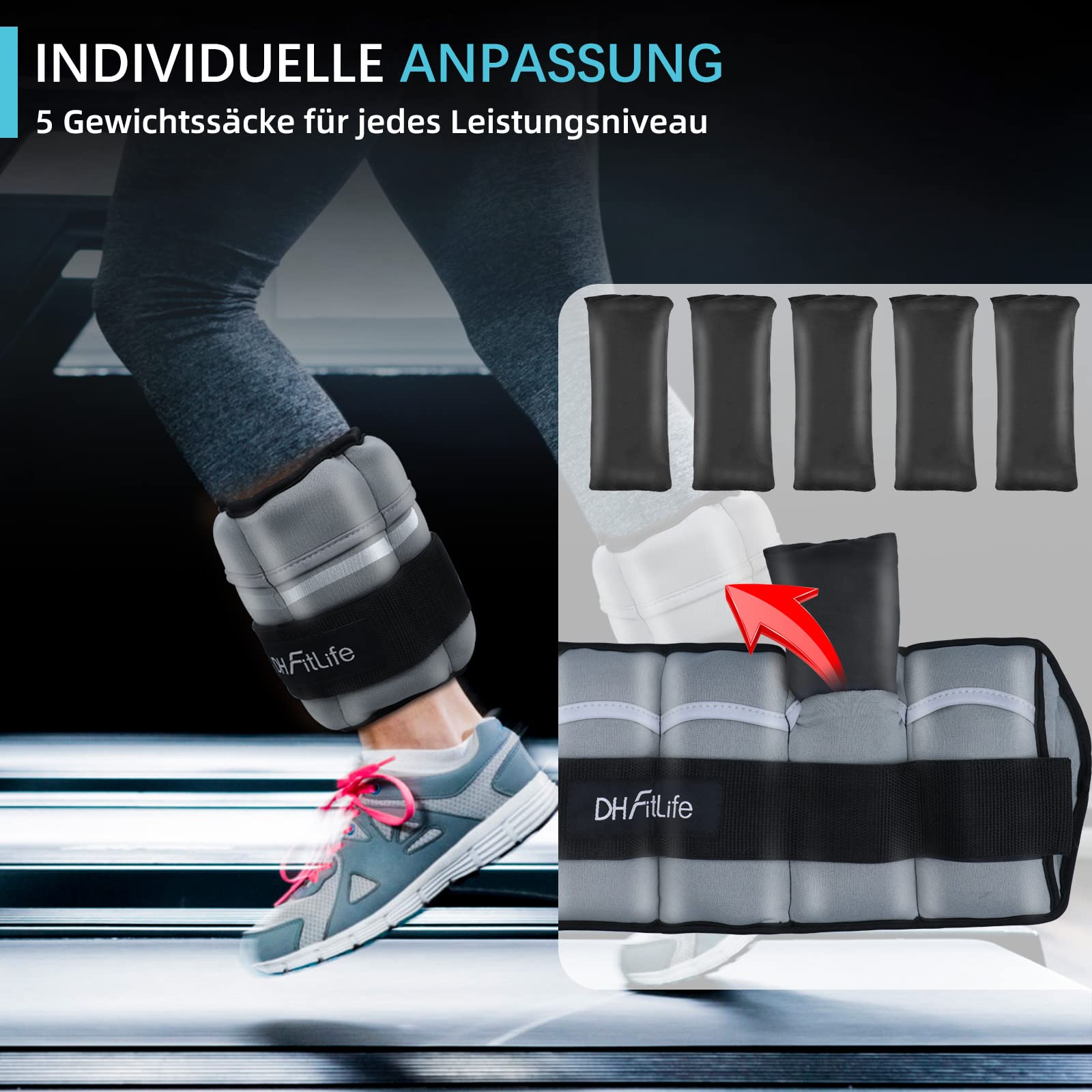 DH FitLife 2er-Set Fußgelenk Gewichtsmanschetten mit verstellbaren Gewichten für Beine | 2 Variationen 2,5kg&4,5kg | Ankle Weights | Knöchelgewichte für Krafttraining