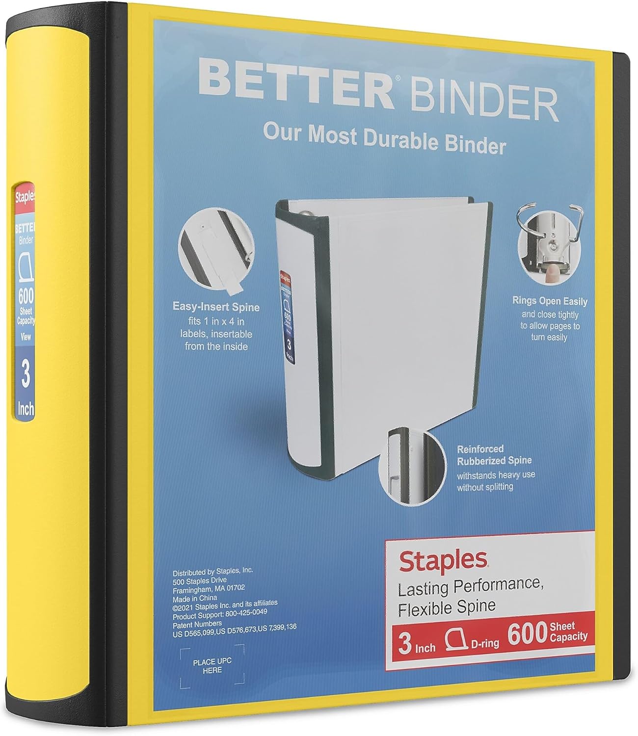 Staples Better Binder, 3" Heavy‑Duty D‑Ring 3‑Ring Binder, Yellow, Reinforced Spine, 600‑Sheet Capacity, High‑Visibility Organizer for Office, School & Filing, 2‑Pack
