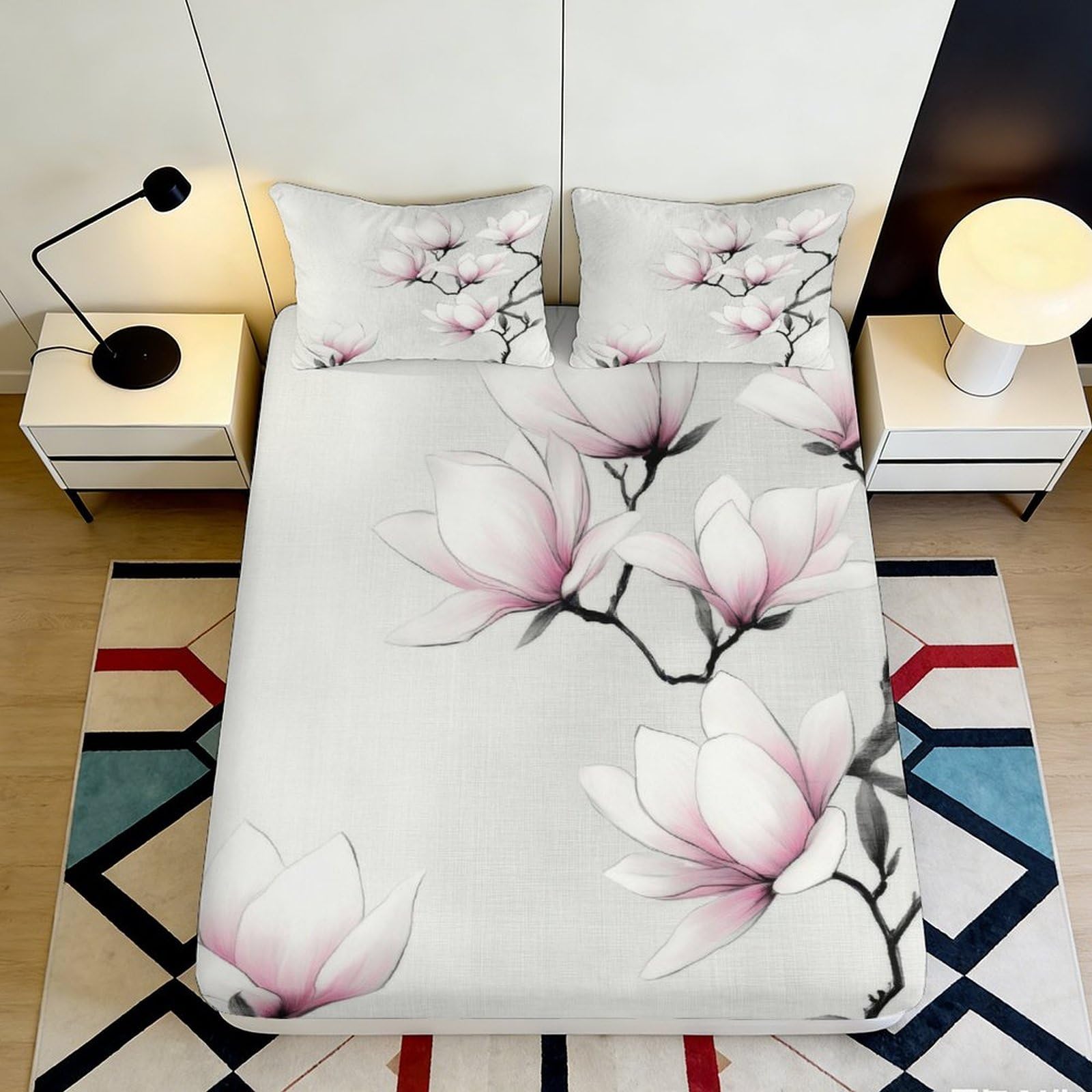 3D Printed Magnolia Blossom Fitted Sheet Microfiber Soft Non-Slip Bed Cover for Bedroom Dorm Mattress Decor 90x200x25cm