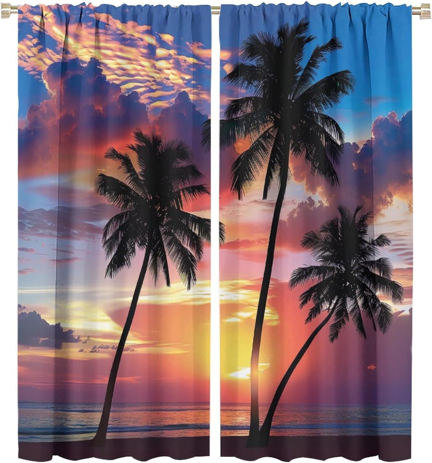 Tropical Beach Blackout Curtains, Sunset Palm Trees Sky Cloud Curtains Rod Pocket Thermal Insulated Window Drapes for Bedroom/Living Room, 21W x 45L, 2 Panels