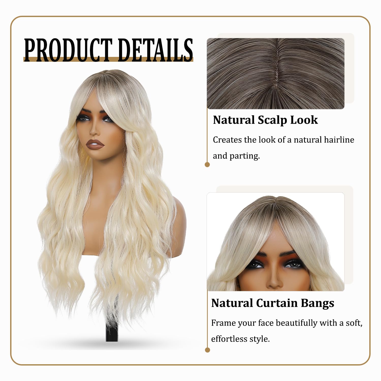Long Wavy Ombre Blonde Wig with Curtain Bangs for Women 26 Inch Blonde With Dark Roots Synthetic Heat Resistant Wig Natural Looking Wavy Hair for Daily Use, Party, Halloween, Cosplay
