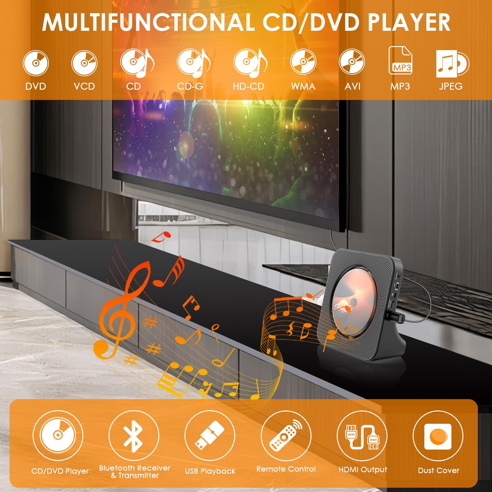 Reproductor de CD DVD de sobremesa con Altavoces Reproductor DVD HDMI Reproductores CD Bluetooth con Mando a Distancia Cubierta de Polvo Radio FM Temporizador Puerto de Auriculares USB AUX