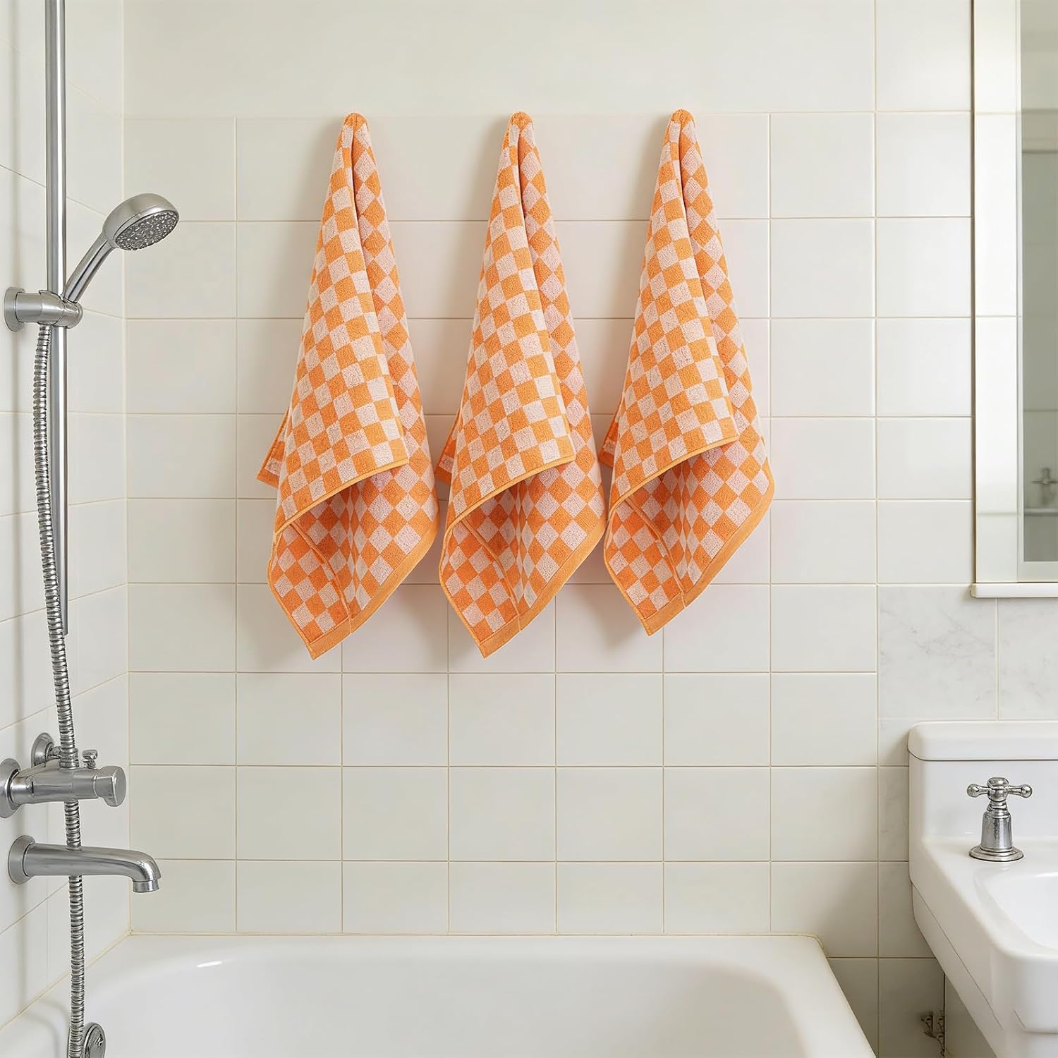 3 Pack Orange Checkered Hand Towels 100% Cotton Absorbent Soft Decorative Towel for Bathroom Kitchen Home Hotel Beach, 29.5 x 13.4 Inches