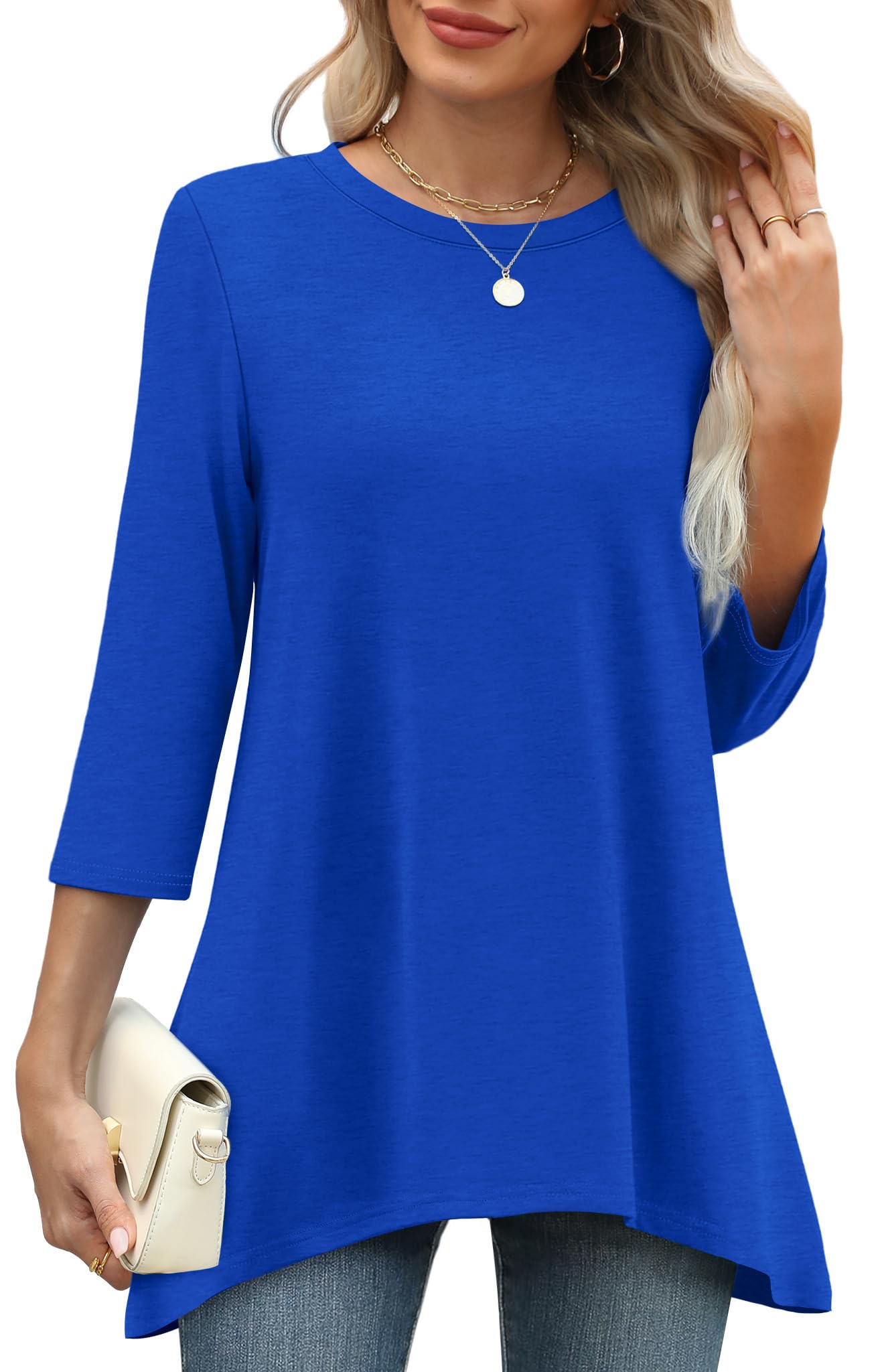 OFEEFAN Tunic Tops for Women Loose Fit Dressy 3/4 Length Sleeve Womens Tops with Asymmetrical Hem S-4XL