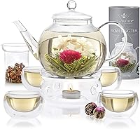 Teabloom Celebration Blooming Tea Set: 40oz Glass Teapot, Infuser, 4 Insulated Cups, Warmer & 12 Flowering Teas Gift
