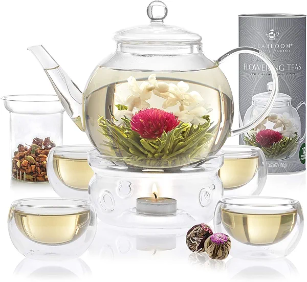 Teabloom Complete Tea Set – Glass Teapot (40 oz), Loose Tea Glass Infuser, 4 Insulated Glass Teacups, Tea Warmer, and 12 Flowering Teas – Elegant Blooming Tea Gift Set