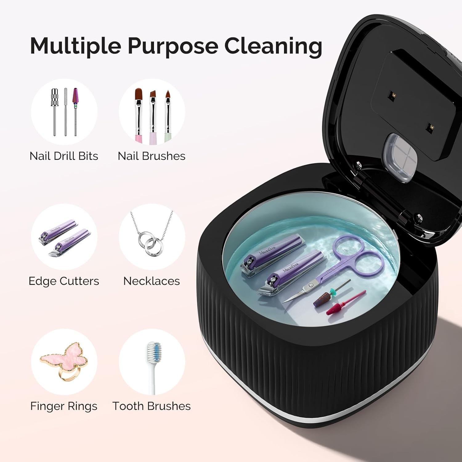 MelodySusie 2 in 1 Nail Tool Cleaning Machine with 10pcs Nail Drill Bits Set and 50 Pcs Small Sanding Bands and 16Pcs Nail Buffer Kit