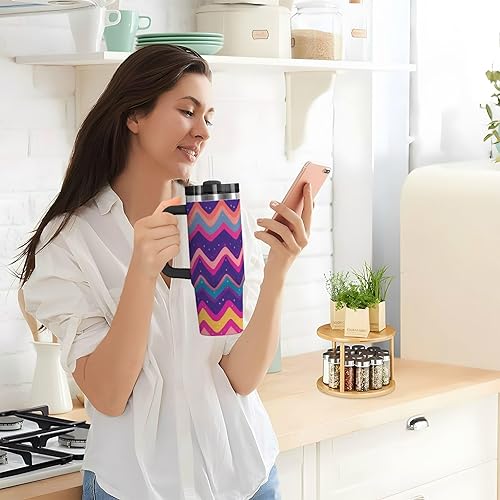 Miniatura 9 de Zigzag Dots - Botella de agua colorida al vacío de boca ancha con asa, tapa a prueba de fugas y pajita, taza de café decorativa para viajes, para