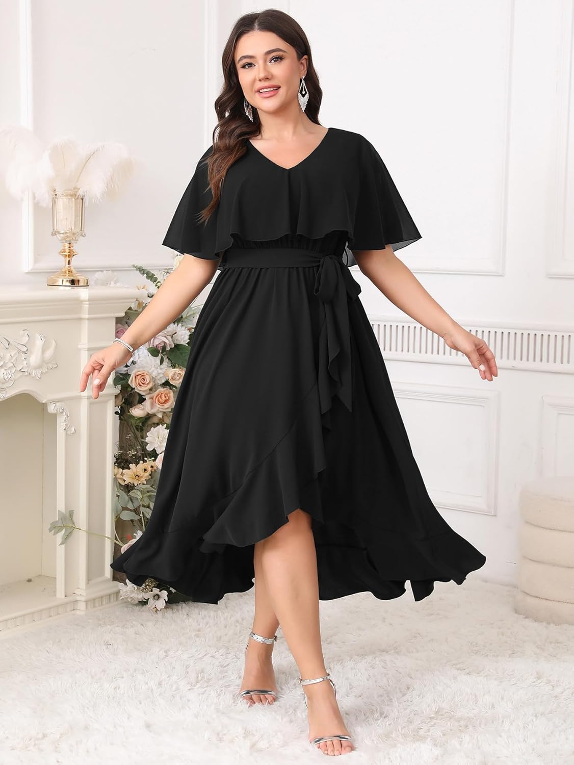 Women Plus Size Long Formal Dress Short Sleeve Chiffon Ruffle V Neck High Low Split Wedding Guest Maxi Dresses - Image 2
