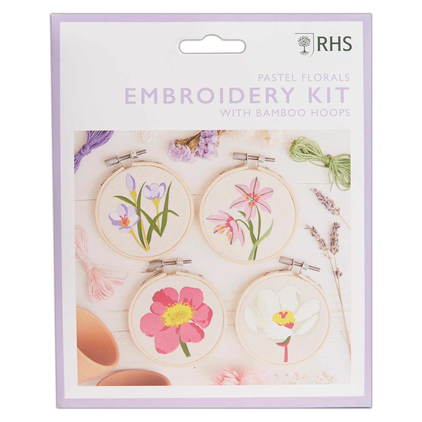RHS The Royal Horticultural Society Embroidery Hoop Decoration Kit, Pastel Florals Designs, (Pack of 4), Embroidery Kits for Adults & Adults Beginners, Gift Idea, Embroidery Pattern