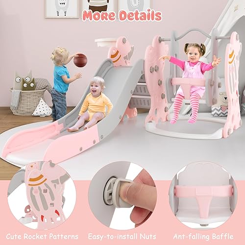 Miniatura 5 de Costzon Juego de tobogán y columpio 4 en 1 para niños pequeños, cohete para interiores y exteriores, columpio rosa para bebé con tobogán, columpio,