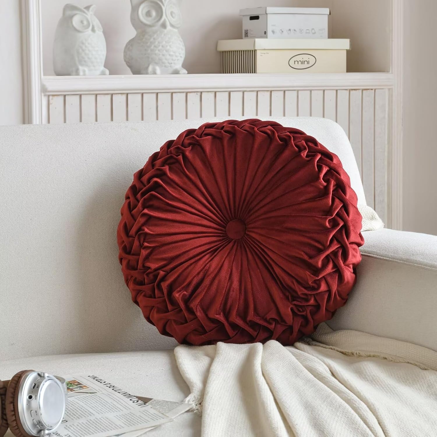 2 Pack Round Throw Pillow Velvet Pumpkin Pleated Handmade Velvet Floor Pillows Cushions Soft Home Decoration for Couch Chair Bed Car Burgundy