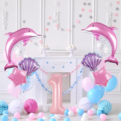 Miniatura 6 de Globos de delfín, 7 globos de aluminio de Mylar con número de cumpleaños de delfín rosa, decoraciones de fiesta para baby shower, primer cumpleaños,