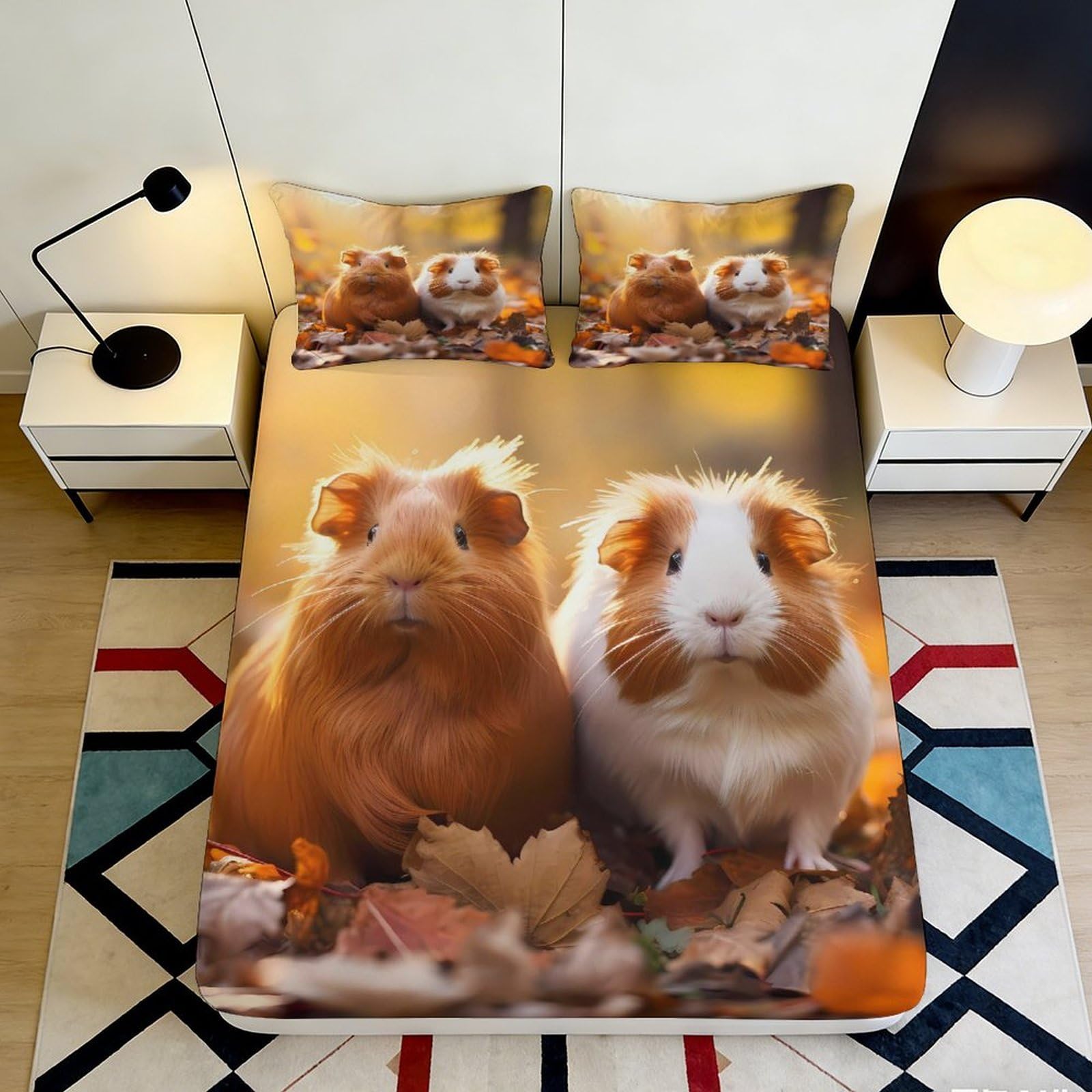 3D Printed Guinea Pig Fitted Sheet Microfiber Soft Breathable Autumn Leaves Bed Cover for Bedroom Dormitory Guest Room Mattress Protection Decor 120x200x25cm