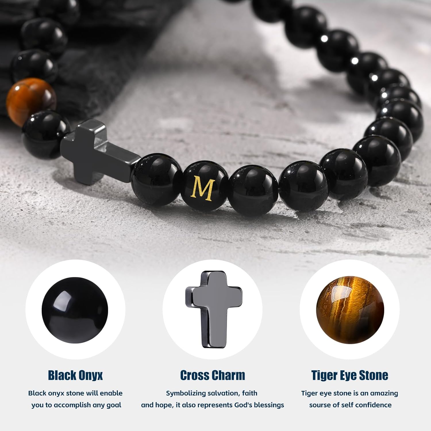 Mens Cross Bead Bracelet with Initials, Christian Rosary Obsidian A-Z Letter Black Onyx Tigers Eye Beaded Bracelet, Faith Religious Easter Catholic Communion Baptism Christmas Jewelry Gift for Men - Image 3