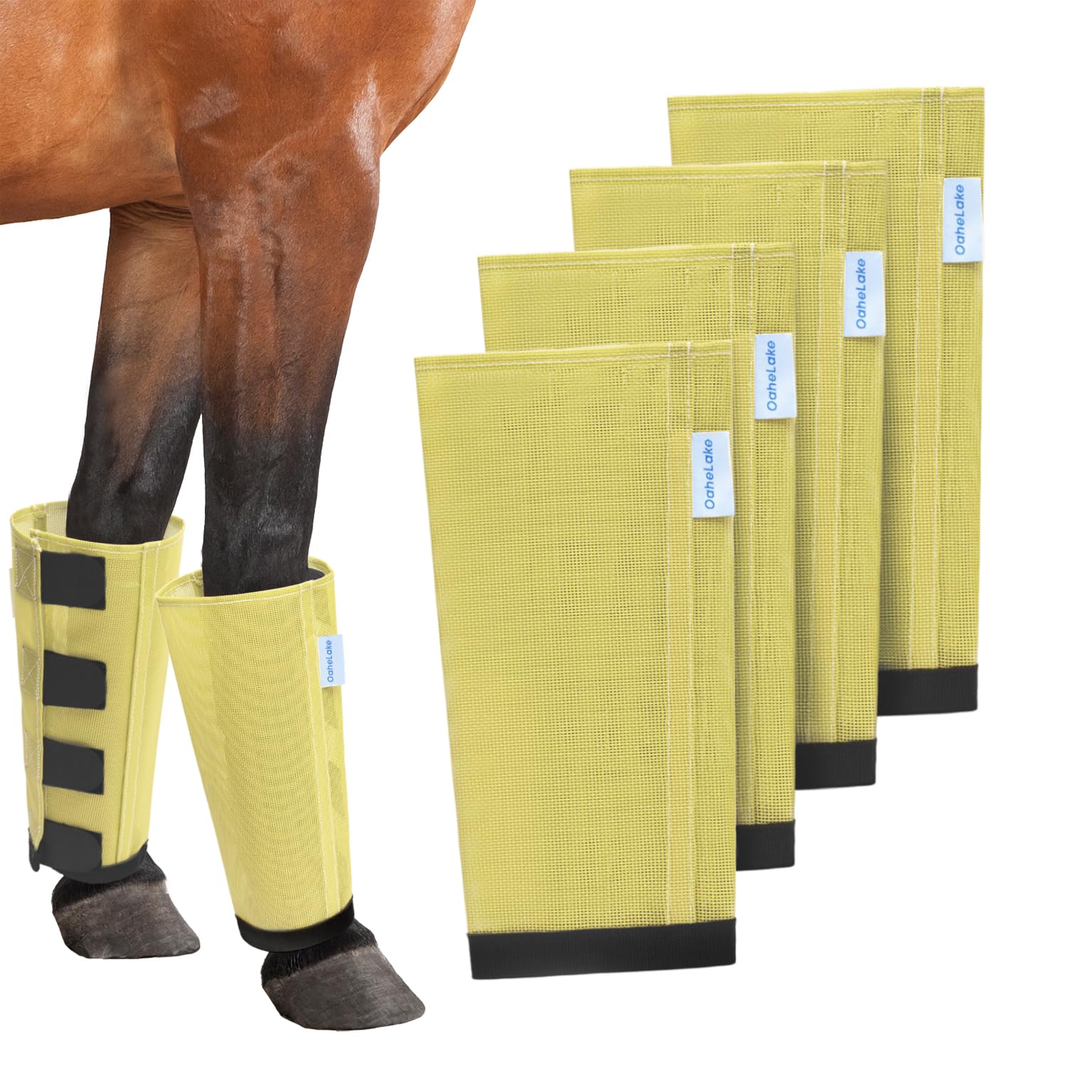 Mesh Horse Fly Boots Set of 4, Loose Fitting Leggings for Horses, Reduce Stressful Stomping, Breathable Adjustable and Universal Fit for 4 Legs, Reliable Stay Put (Pale Yellow)