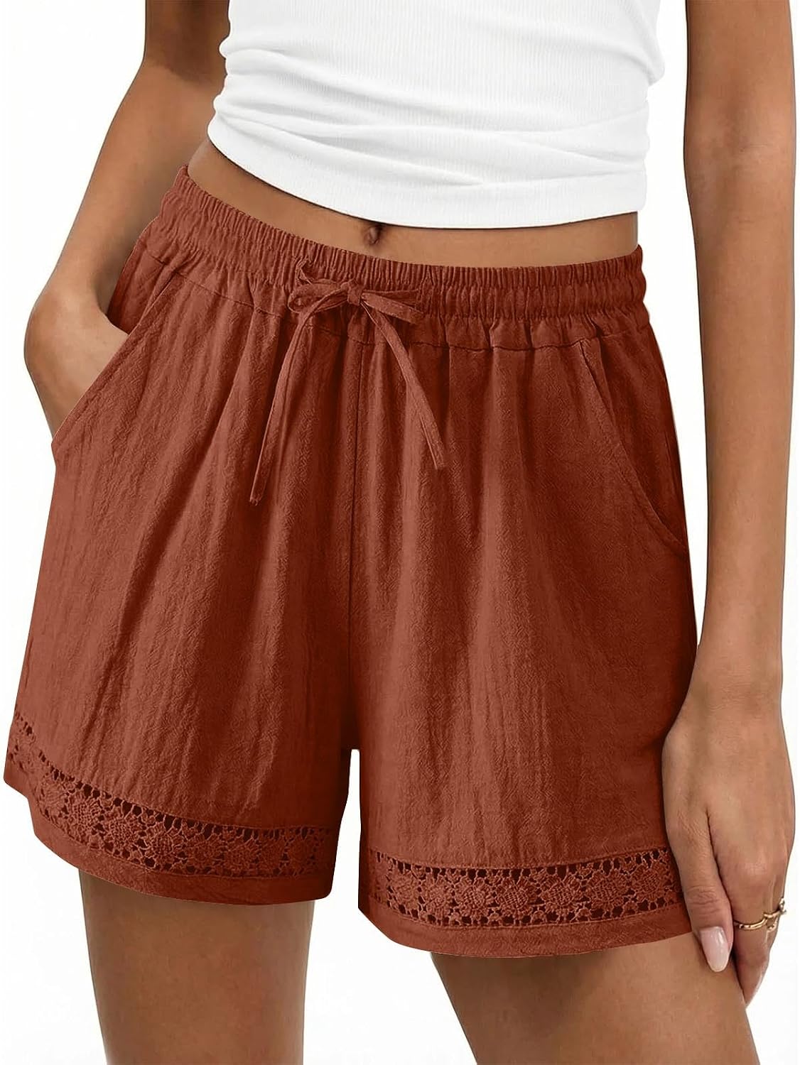Cotton Linen Shorts for Women Hollow Out Lace Drawstring Elastic Waist Solid Casual Summer Beach Bottoms Comfy Pants