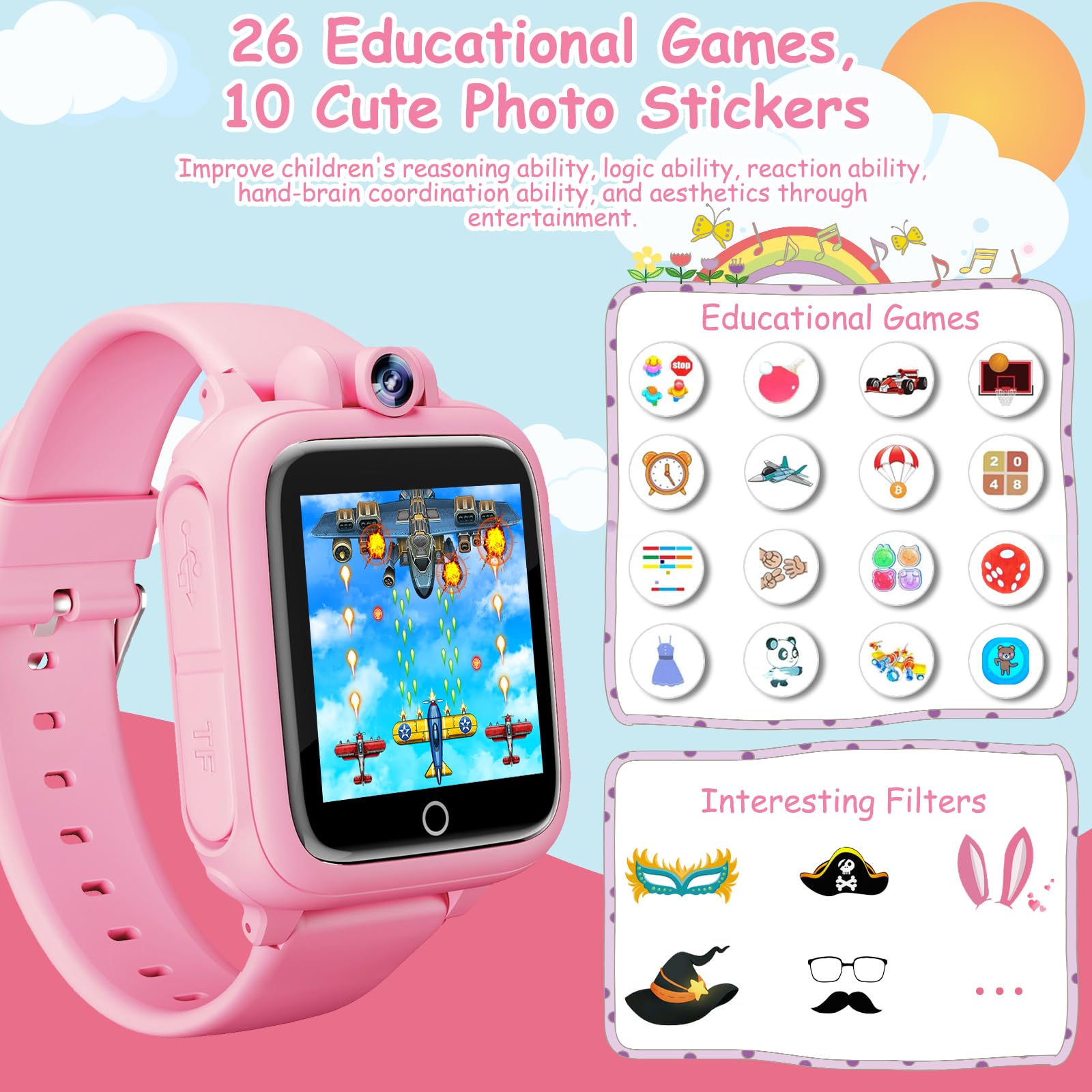Diswoe Reloj Inteligente Niños, Smartwatch Niña 3 4 5 6 7 8 9 10 11 12 años, Regalo Niña con 14 Juegos, Cámara Giratoria de 90°, Despertador y HD Pantalla Táctil, Regalos para Niños y Niñas