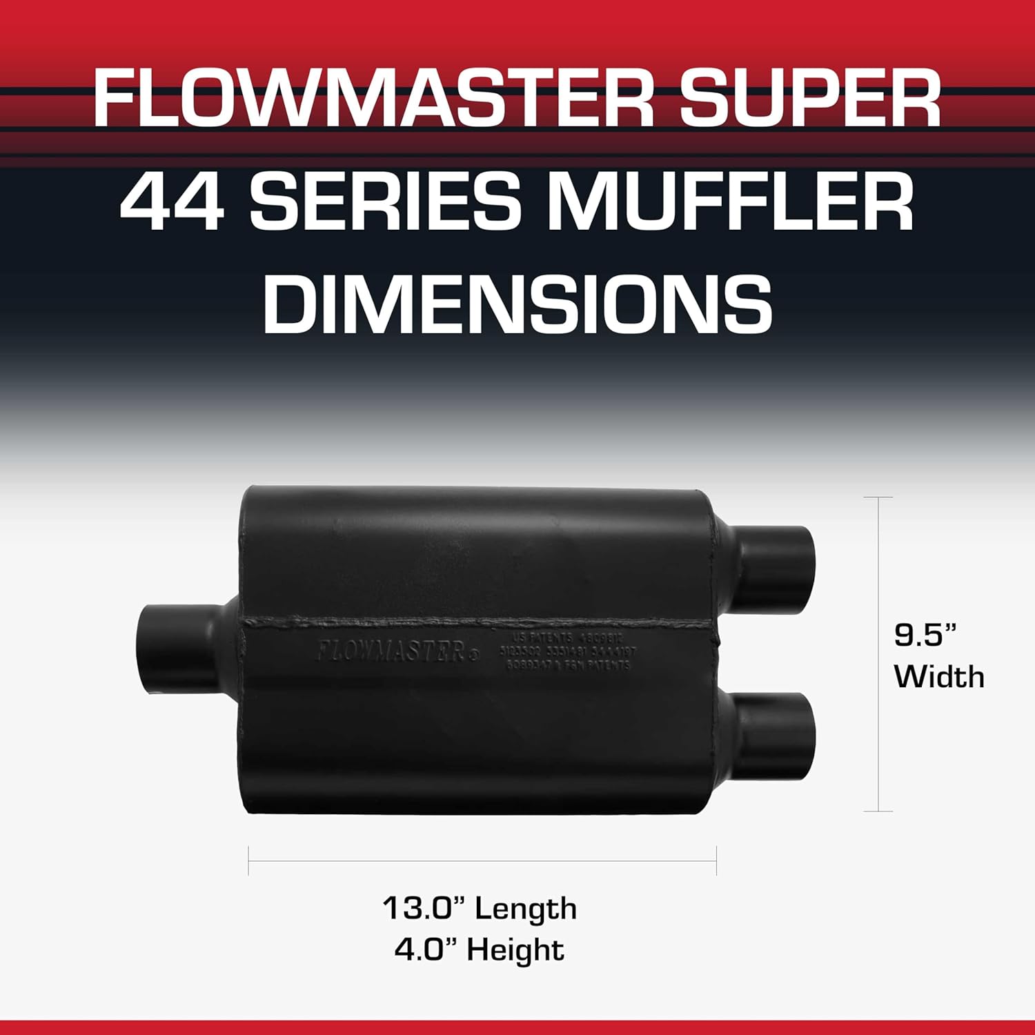 Flowmaster Super 44 Series Chambered Muffler – 2.50” - Center In/Dual Out – Aggressive Sound – 16 Gauge Aluminized Steel – For Classic & Late Muscle Cars, Street Rods, Trucks, SUVs (9425472)